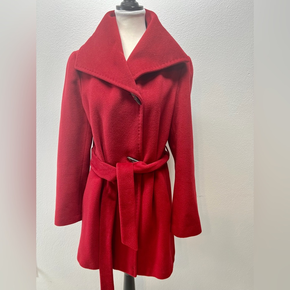 Ellen Tracy Ruby Red‎ Wool Single Breasted Button Down Belted Coat Size 8